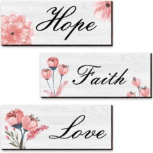 3 Pcs Flower Wall Decor – Elegant Wooden Bathroom Decor – Wall Hanging Living Room for Bedroom Office, 12 x 4 Inch(Pink)