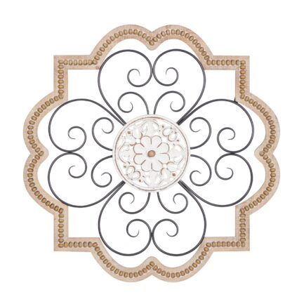 DecMode Brown Wooden Carved Beading Scroll Wall Decor with Metal Accents