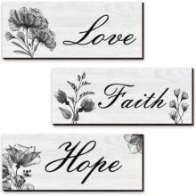 Fibevon 3 Pcs Flower Wall Decor- Wooden Wall Art-Motivation Quotes Sign Bathroom Decor, 12 x 4 inch(Black)