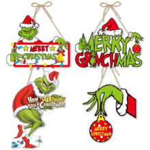 Imoment 4PCS Grinch Sign Christmas Hanging Sign Merry Grinchmas Wooden Door Sign for Xmas Wall Tree Decor-Paper