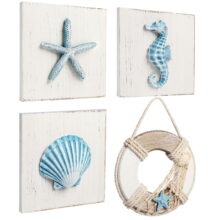 LotFancy Ocean Theme Beach Wall Decor 4Pack for Bathroom, Wooden Coastal 3D Wall Art, 6 x 6 in,Blue