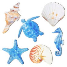 WATINC 6Pcs Wooden Beach Ocean Seashell Wall Decor Blue Starfish Scallop Nautical Theme